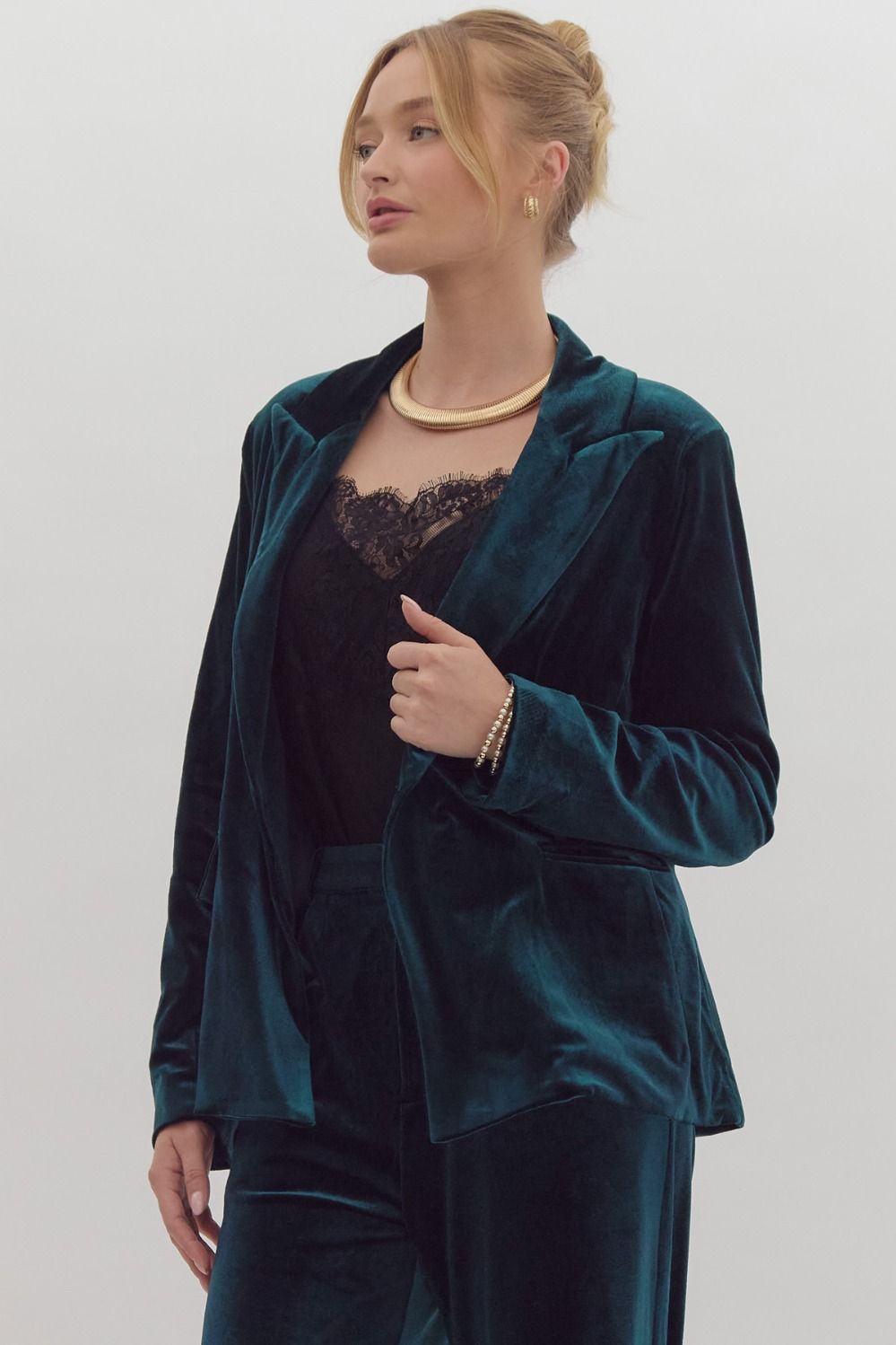 Green Velvet Long Sleeve Blazer