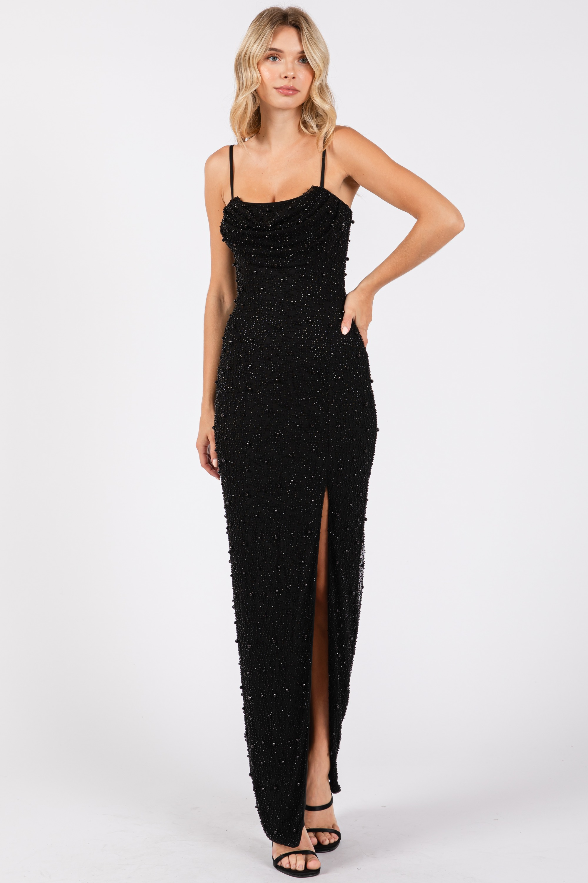 Alias Black Beaded Cowl Neck Gown – Elegant Slit Maxi Dress with Spaghetti Straps