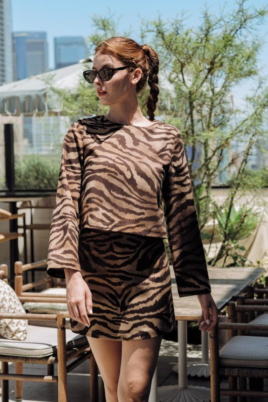 Zebra Print Co-Ord Set – Brown Long Sleeve Crop Top and Mini Skirt Matching Outfit