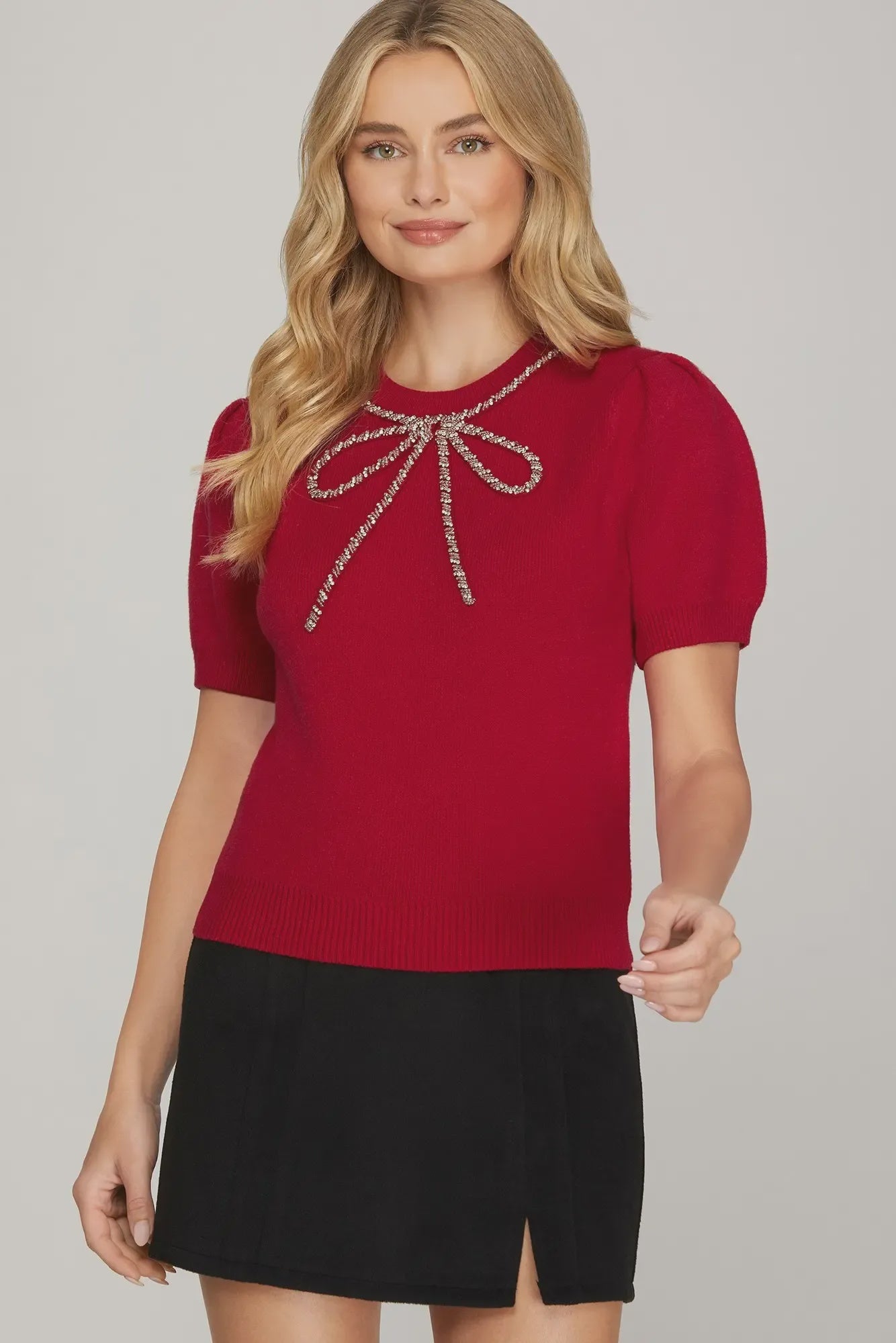 Sequin Bow Short Sleeve Knit Top | Red Crew Neck Sweater with Puff Sleeves – Party/Holiday