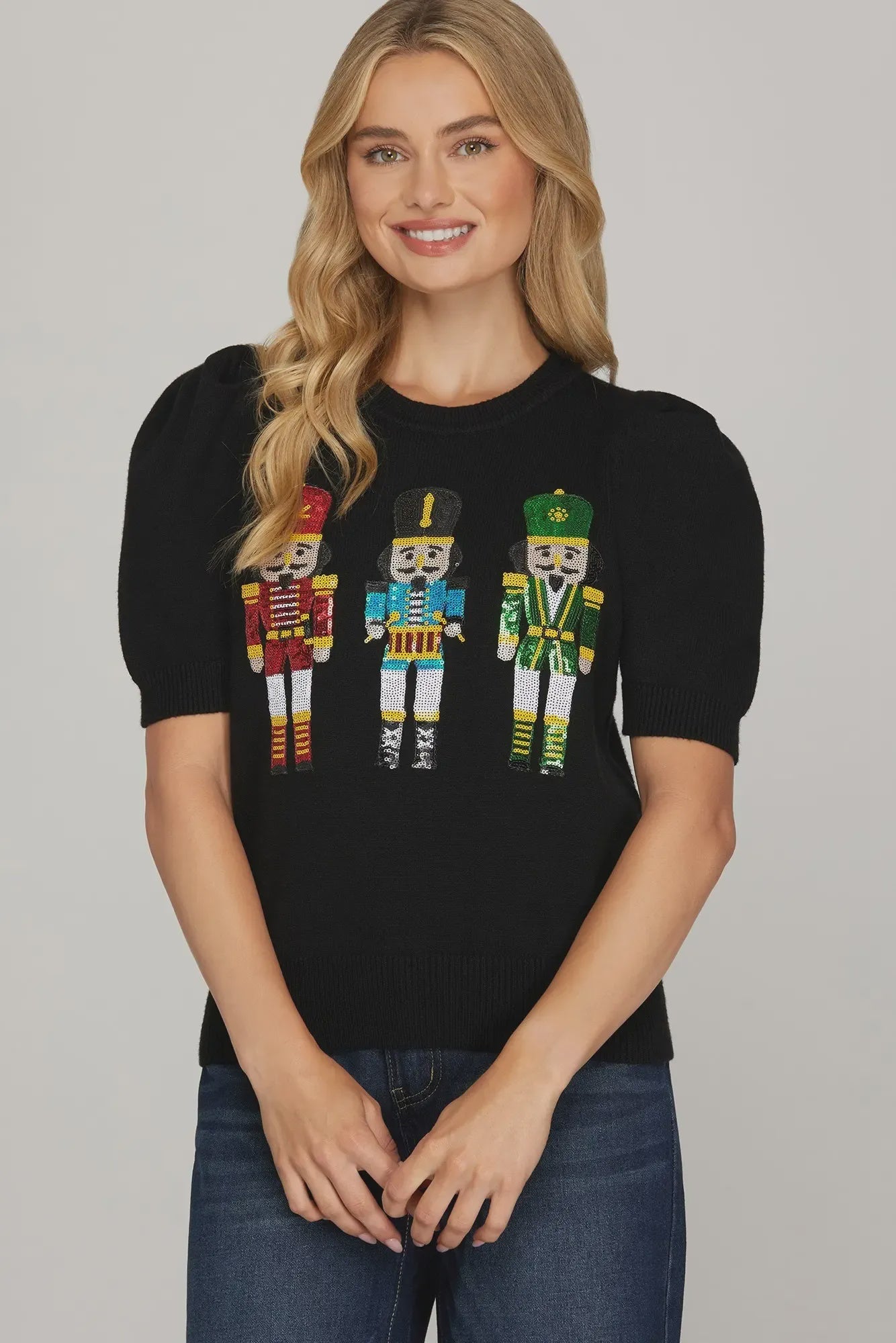 Black Sequin Nutcracker Embellished Short Sleeve Sweater Top – Women’s Festive Holiday Knit Pullover