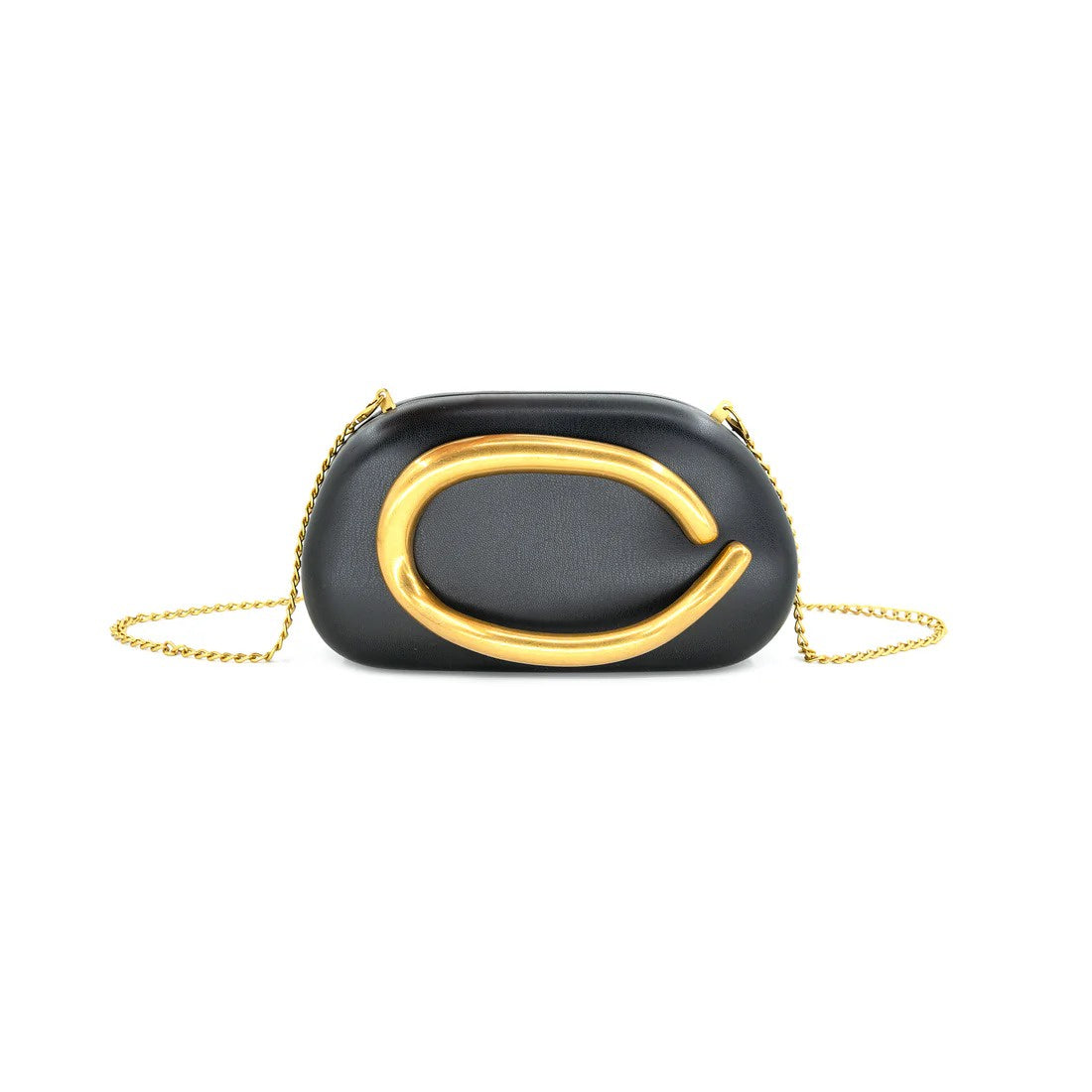 Designer-Inspired Leather Clutch with Oversized C-Shape Hardware & Removable Gold Chain Strap – 2-in-1 Evening Bag