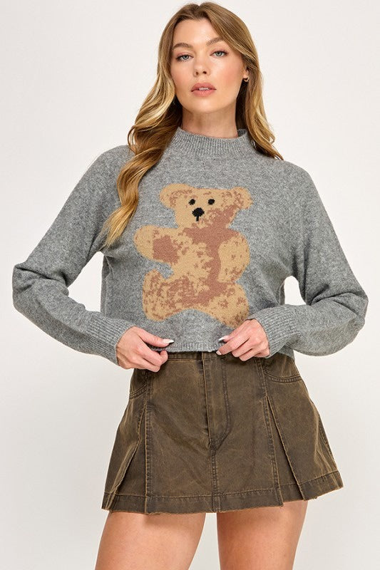 Big Bear Print Cozy Long Sleeve Sweater – Soft Knit Pullover Top