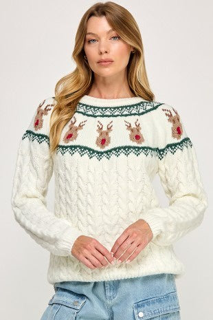 Alias Ivory Reindeer Knit Sweater – Festive Cable Knit Pullover for Winter