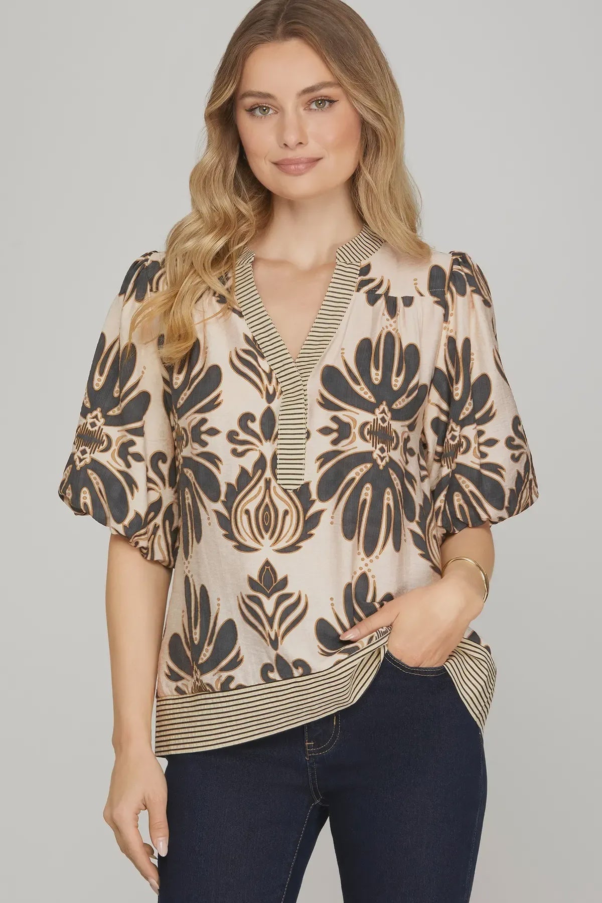 Baroque Floral Print Puff Sleeve Blouse – Beige & Black V-Neck Top with Striped Trim