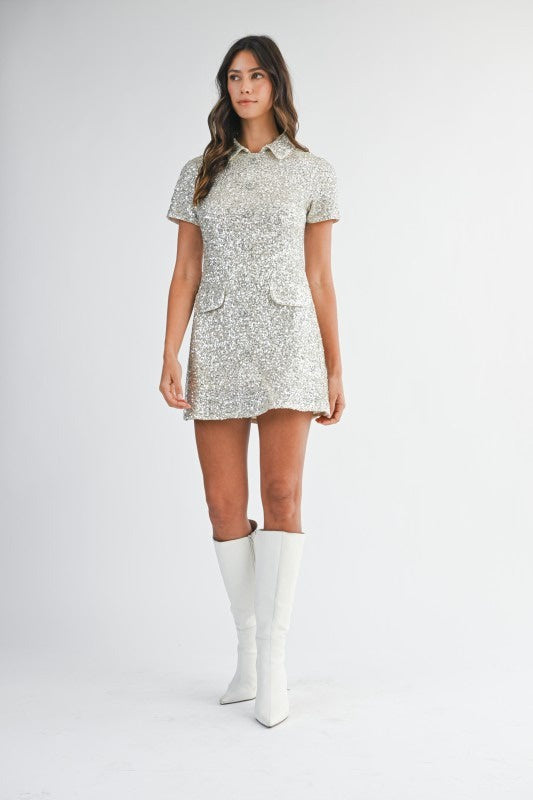 Champagne Sequin Collared Mini Dress with Front Button Detail – Gold Sparkle Shirt Dress | Short Sleeve Party Dress | Retro Glam Cocktail Dress