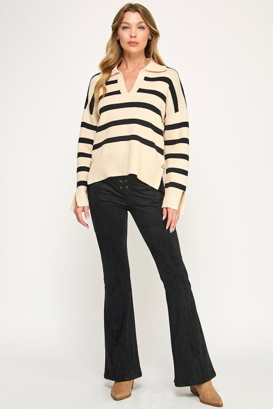 Alias Cream & Black Striped Knit Sweater – Relaxed Fit V-Neck Pullover