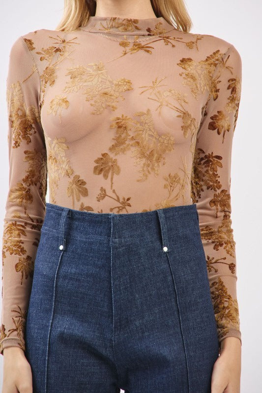 Floral Burnout Mesh Long Sleeve Sheer Top – High Neck Flocked Print Stretch Layering Blouse