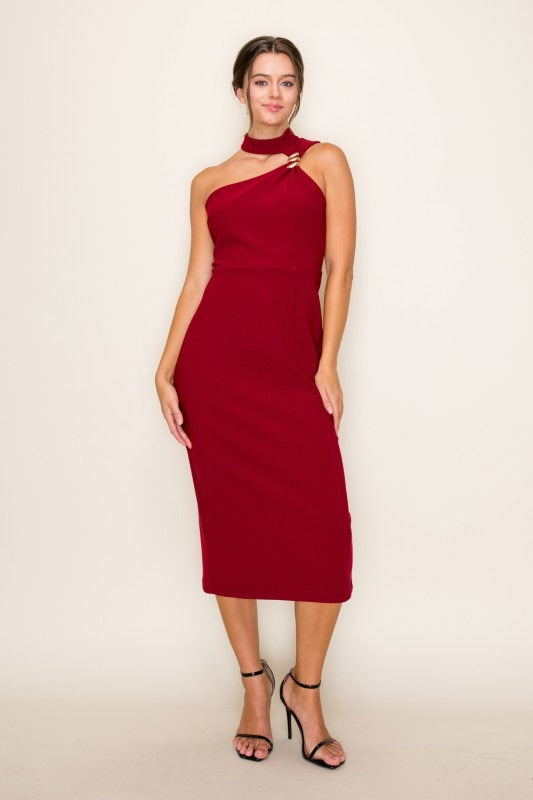 Elegant Red One-Shoulder Midi Dress – Modern Cocktail & Evening Wear