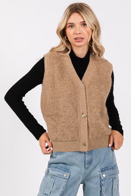 Cozy Beige Teddy Fleece Button-Up Vest – Soft Sherpa Sleeveless Cardigan | Women's Fall/Winter Layering Essential