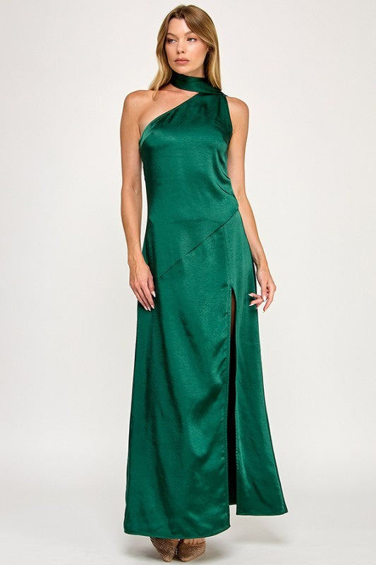 Elegant One-Shoulder Satin Maxi Dress with High Slit – Formal Evening Gown | Cocktail Party Dress