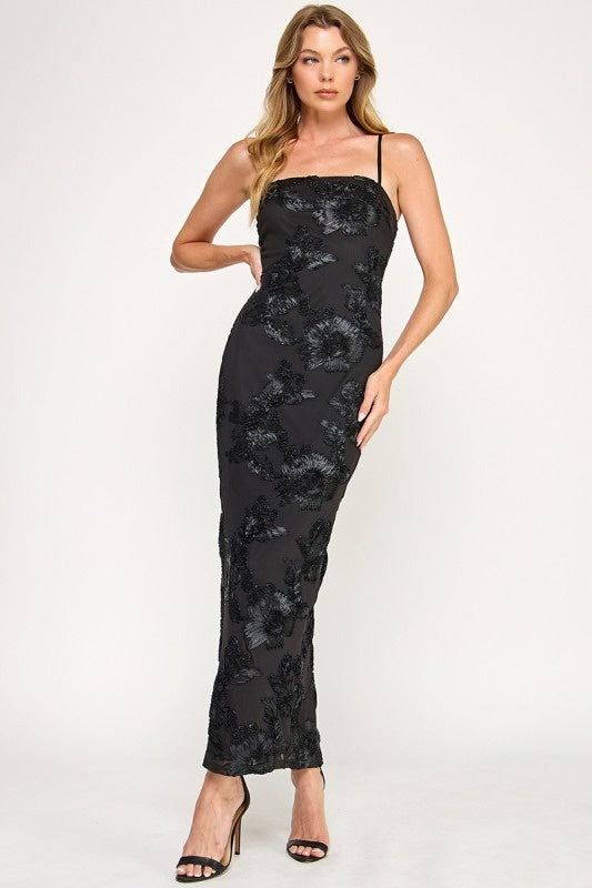 Elegant Black Floral Sequin Maxi Dress with Spaghetti Straps – Formal Evening Gown | Cocktail Party Dress