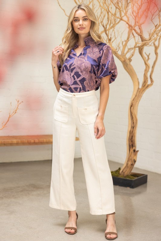 Ethereal Floral Ombré Blouse – Purple Pink Gradient Top with Smocked Collar | Short Puff Sleeves | Romantic Statement Shirt