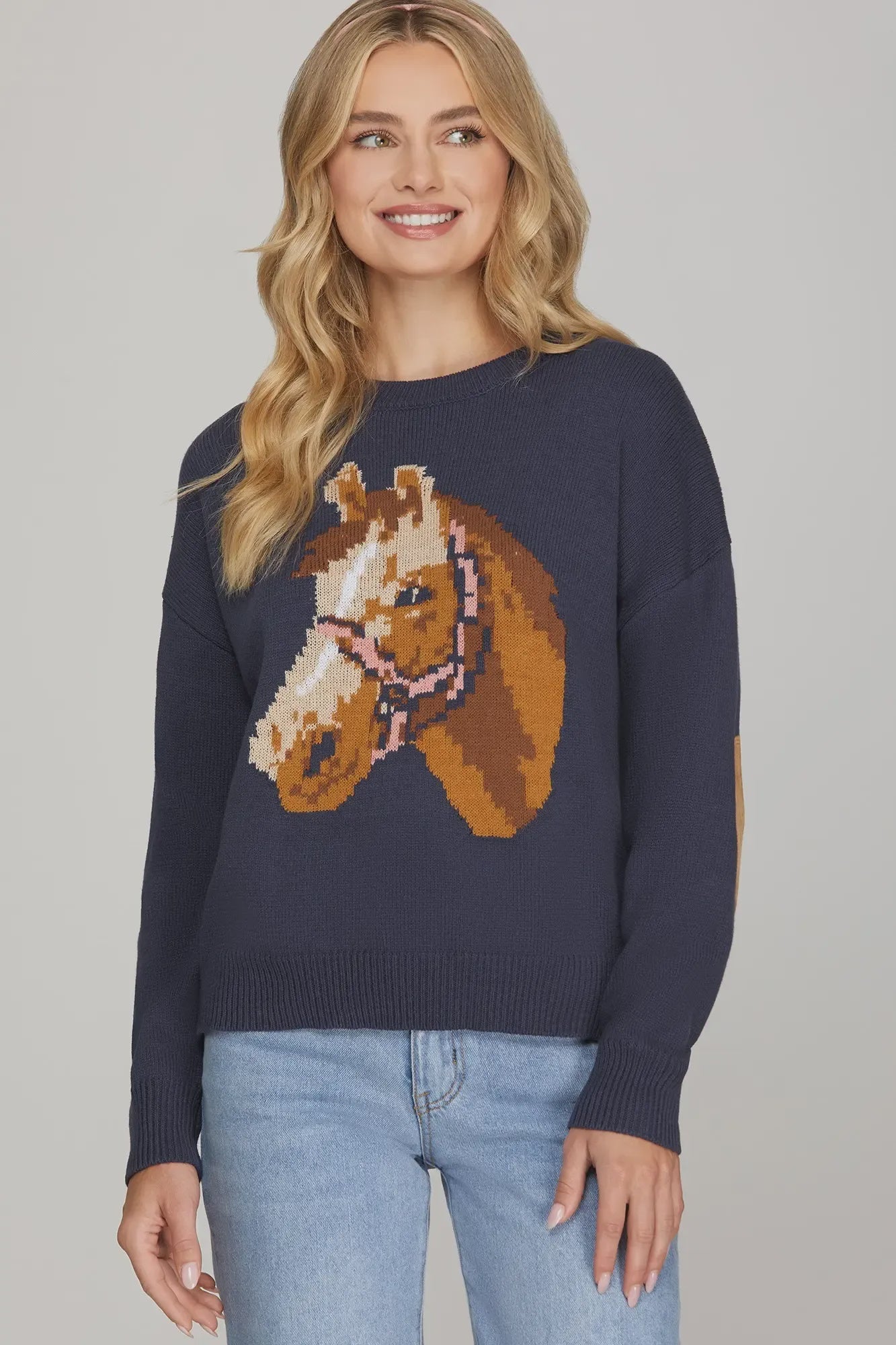 Equestrian Intarsia Knit Sweater | Horse Head Pullover with Faux Suede Elbow Patches - Navy