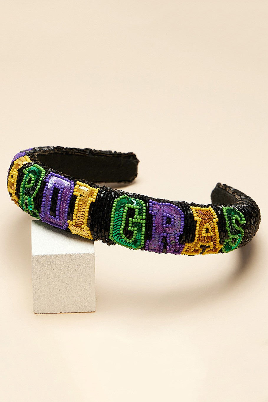 Sequin Mardi Gras Message Seed Beaded Headband