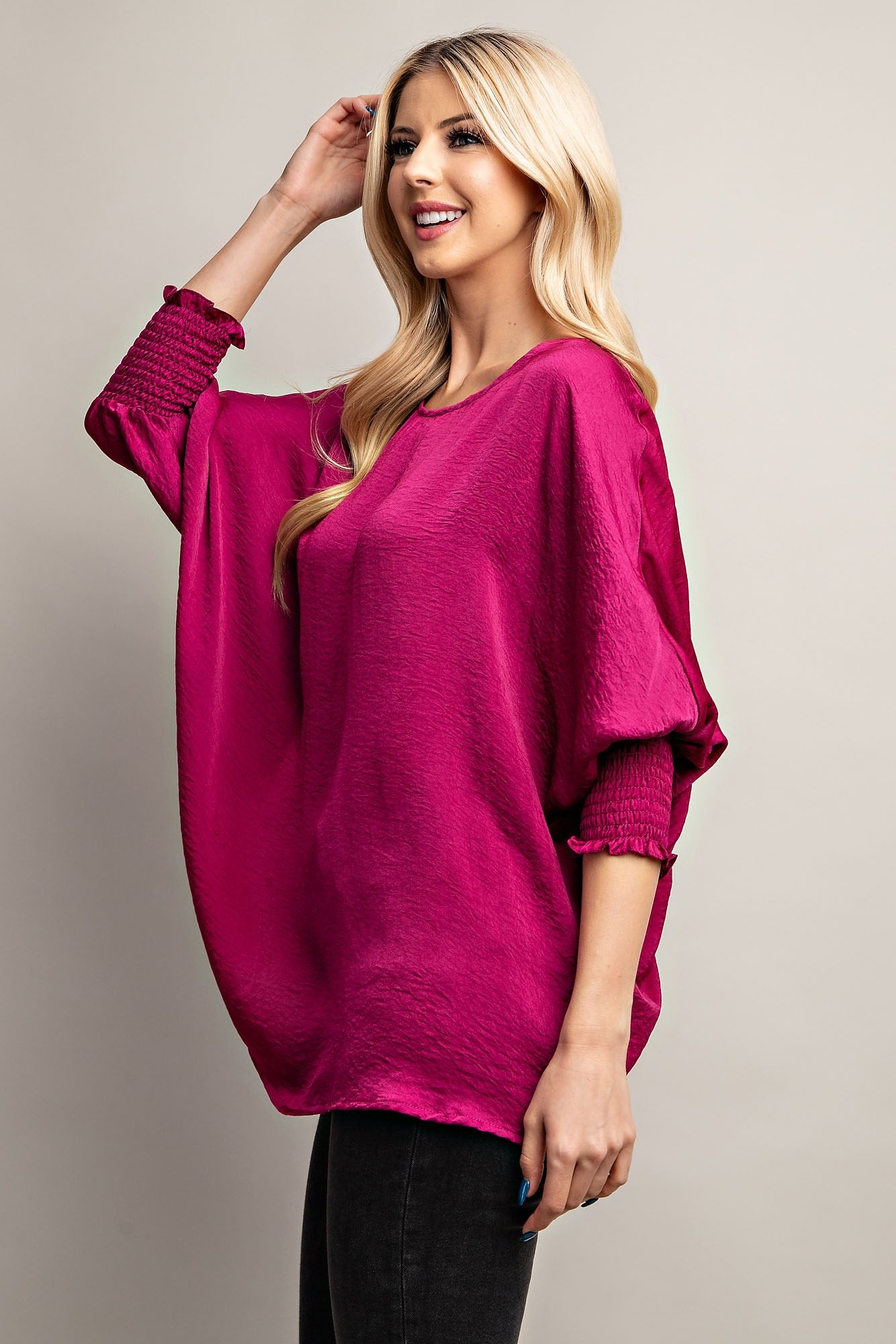 Round Neck Smocked Cuffs Oversized Top