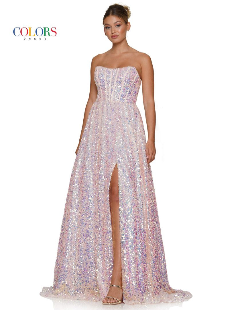 Blush Strapless Sequin A-Line Gown with Corset Bodice & High Slit – Glamorous Prom Dress