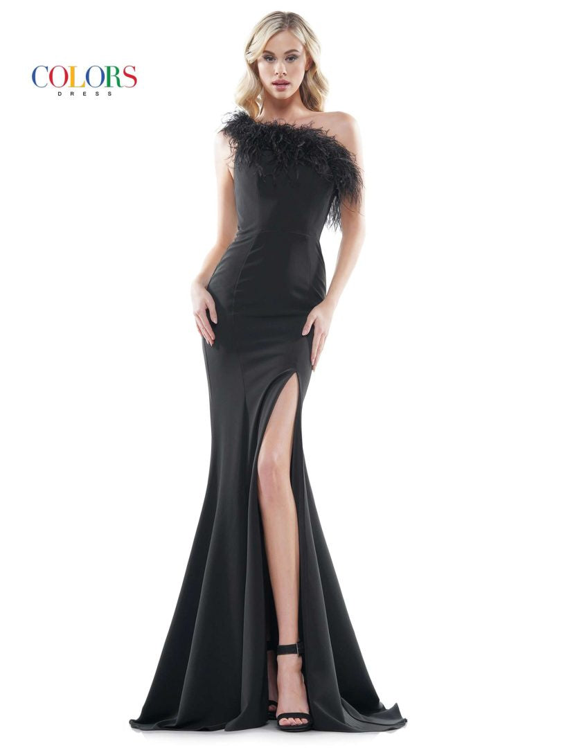 One-Shoulder Fit & Flare Crepe Dress with Ostrich Feather Neckline – Elegant Prom Dress