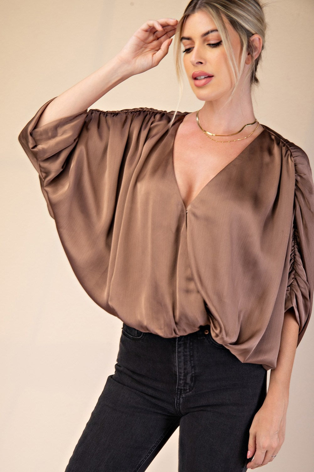 V-Neckline Elastic Hem Top