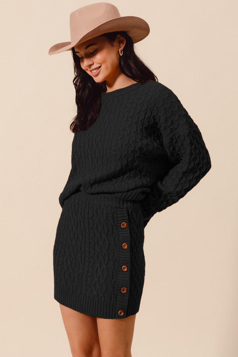 CABLE KNIT SWEATER TOP AND SIDE BUTTONED SKIRT SET