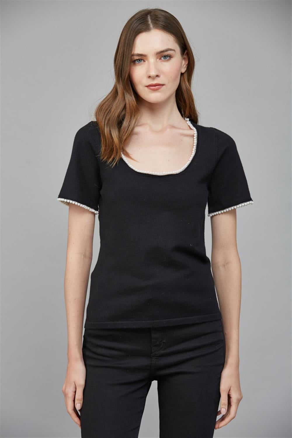 Black Pearl Trim Detail Scoop Neckline Sweater Top – Elegant Knit Short Sleeve Top for Women