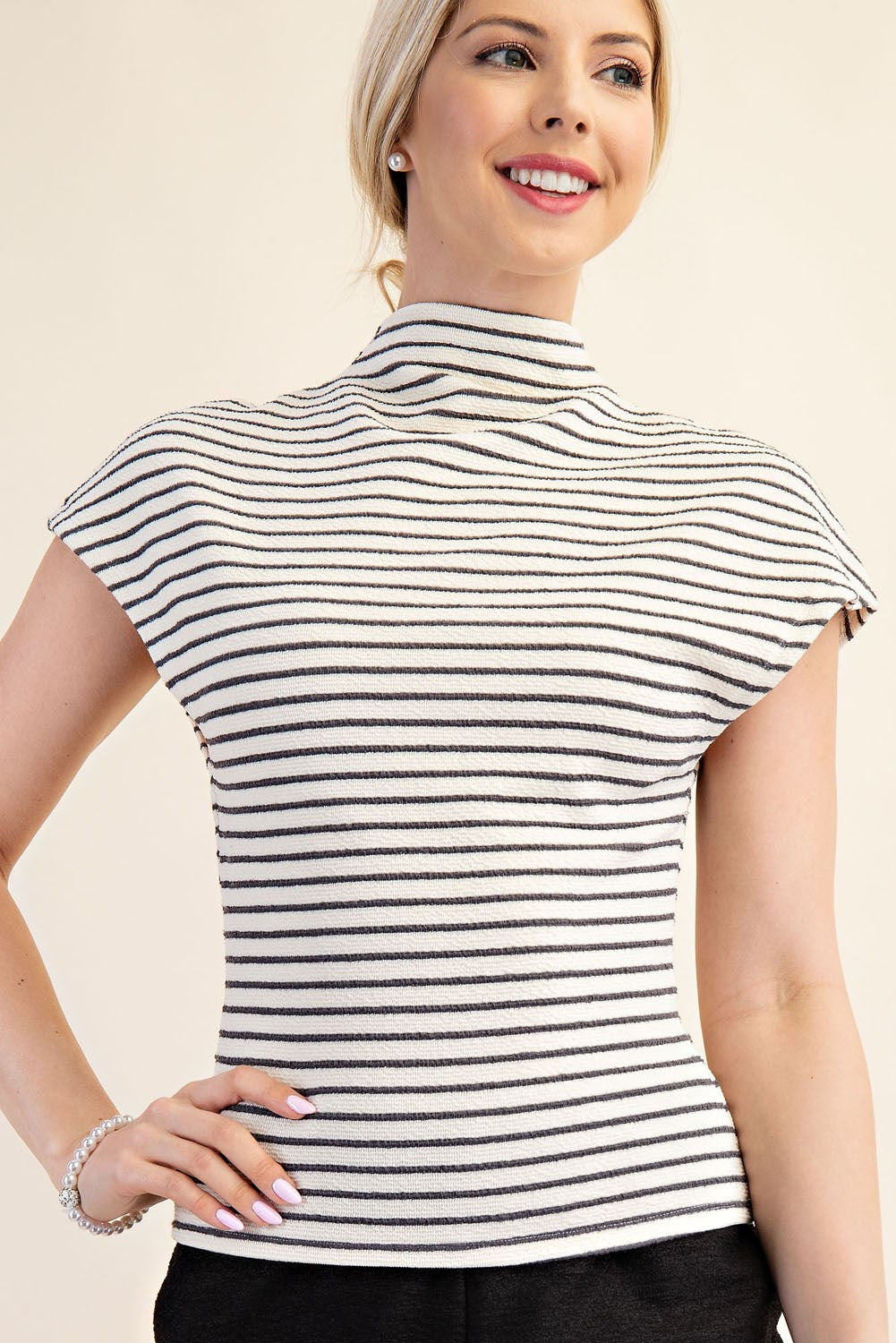 Mock Neck Short Sleeve Stripe Top