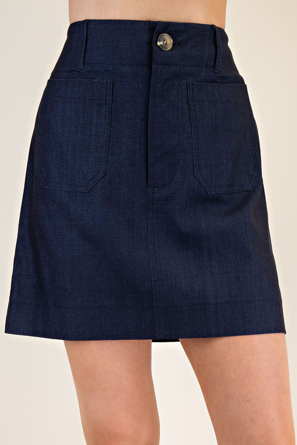 Colette Dark Denim Mini Skirt – Front Pocket Detail