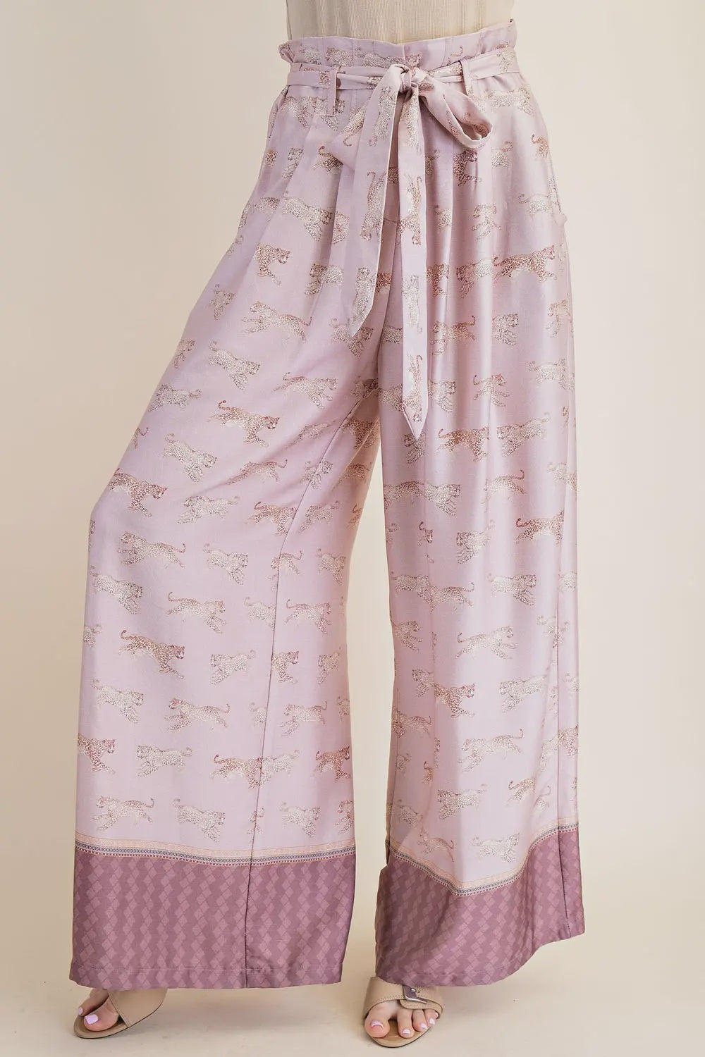 Belted Wide-Leg Leopard Pants