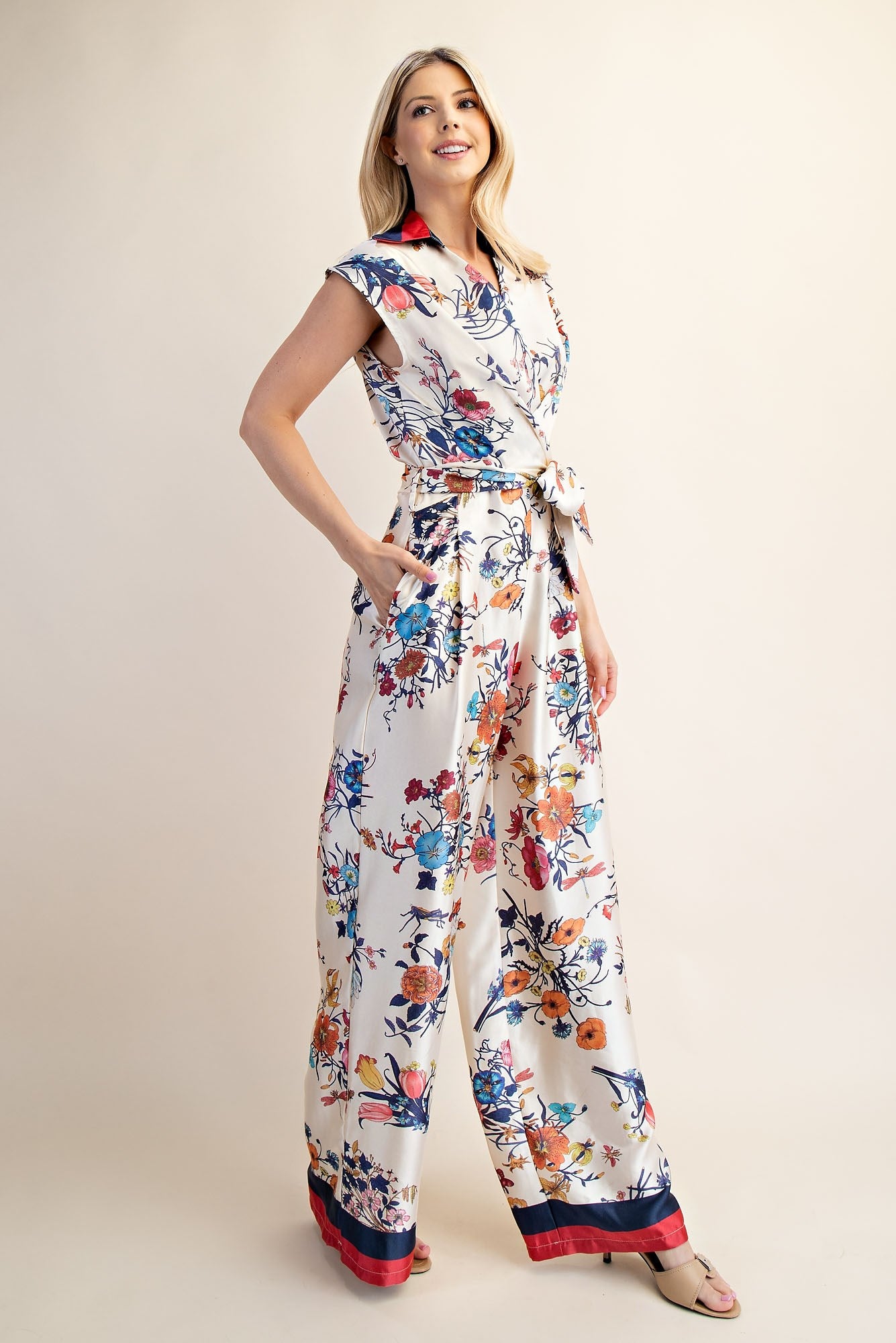 Floral Satin V-Neck Knotted Jumpsuit