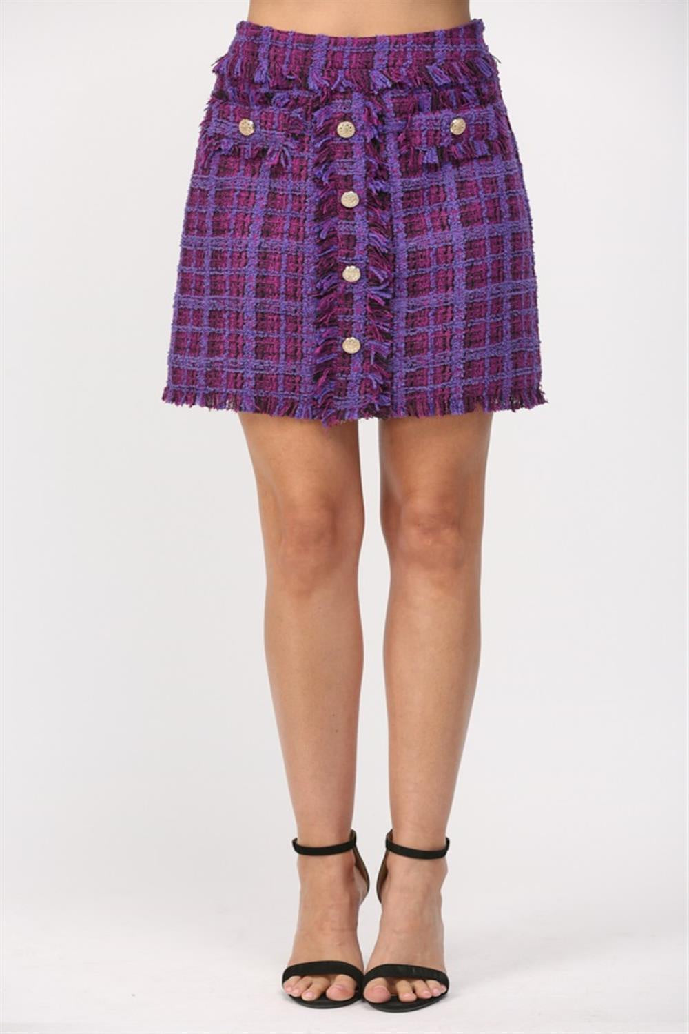 Plum Purple Fray Detail Tweed Skirt – Elegant Textured Mini for Chic Styling