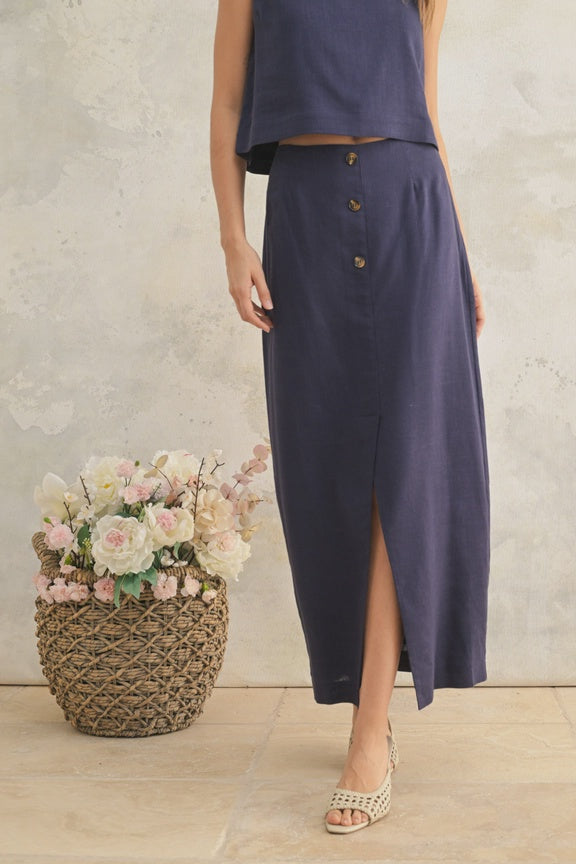 Button and Slit Front Long Skirt