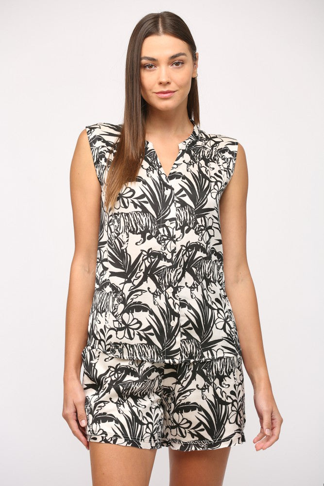 ABSTRACT ANIMAL PRINT SLVL SPLIT NECK SHIRT