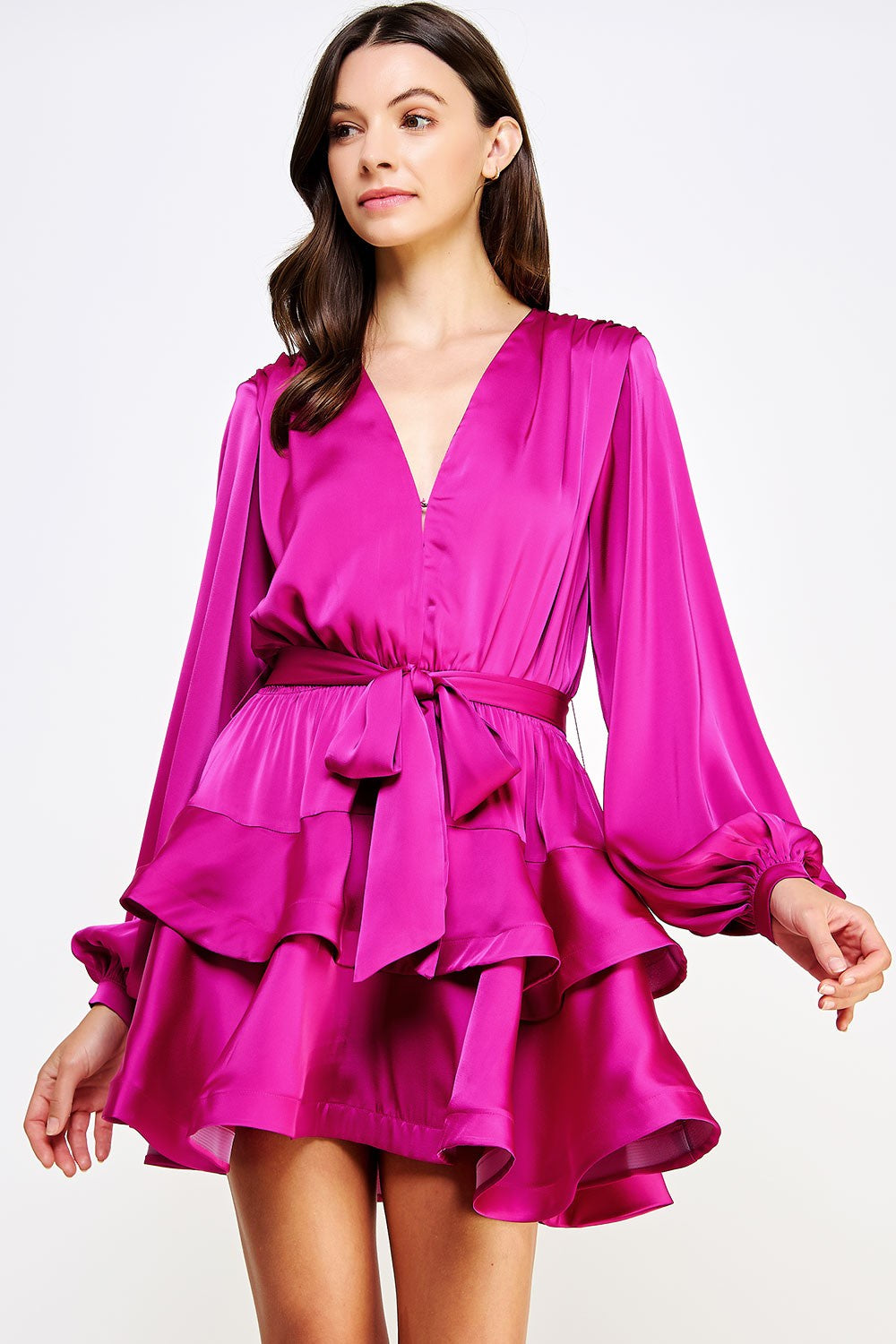 Magenta Tiered Satin Mini Dress