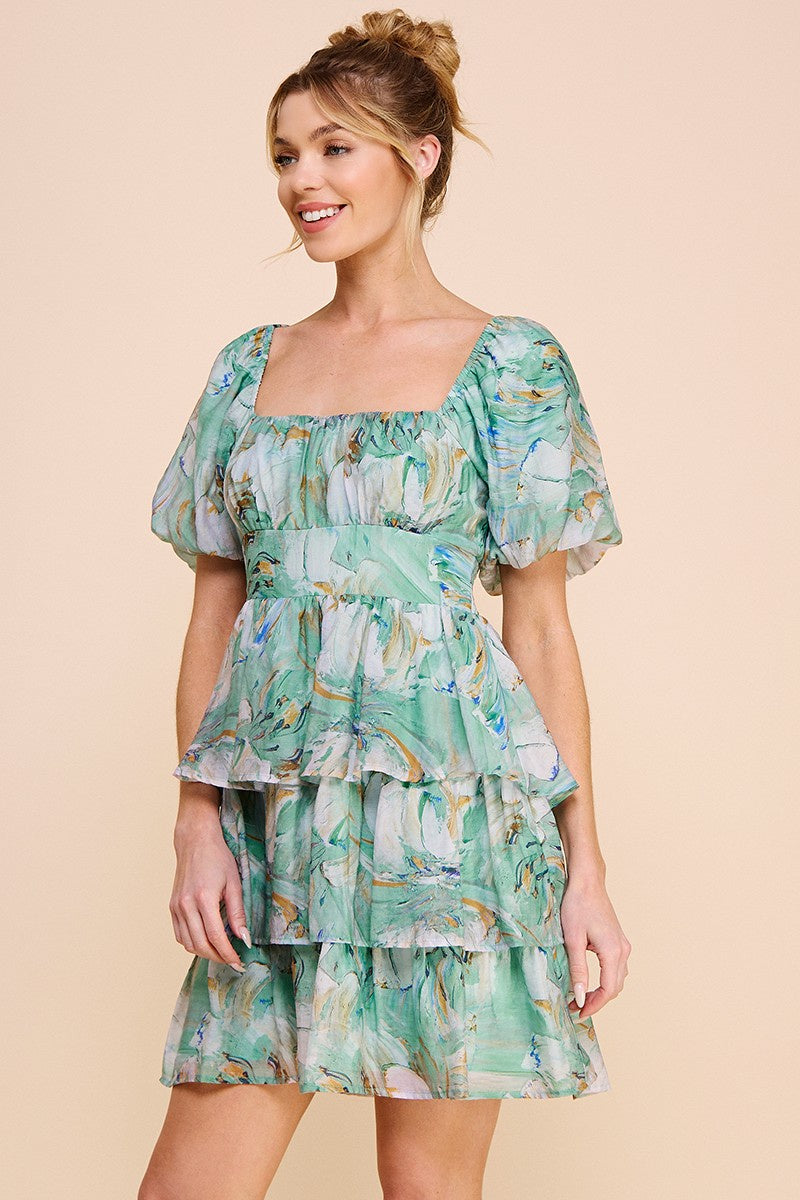 Printed Silky Woven Puff Sleeve Dress