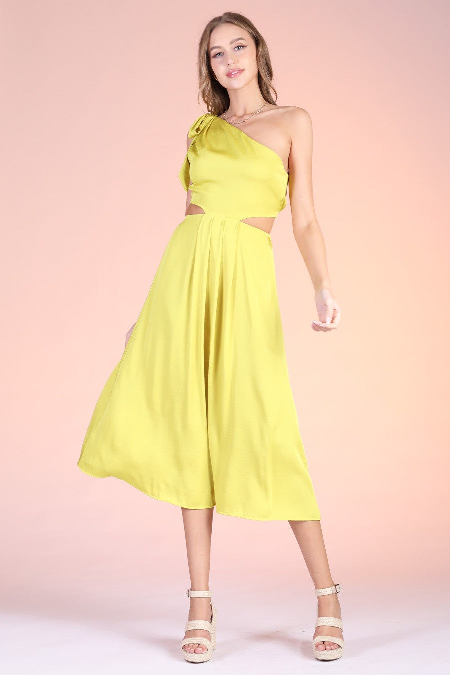 Washed Poly Silk One Shoulder Cut Out Midi Dress