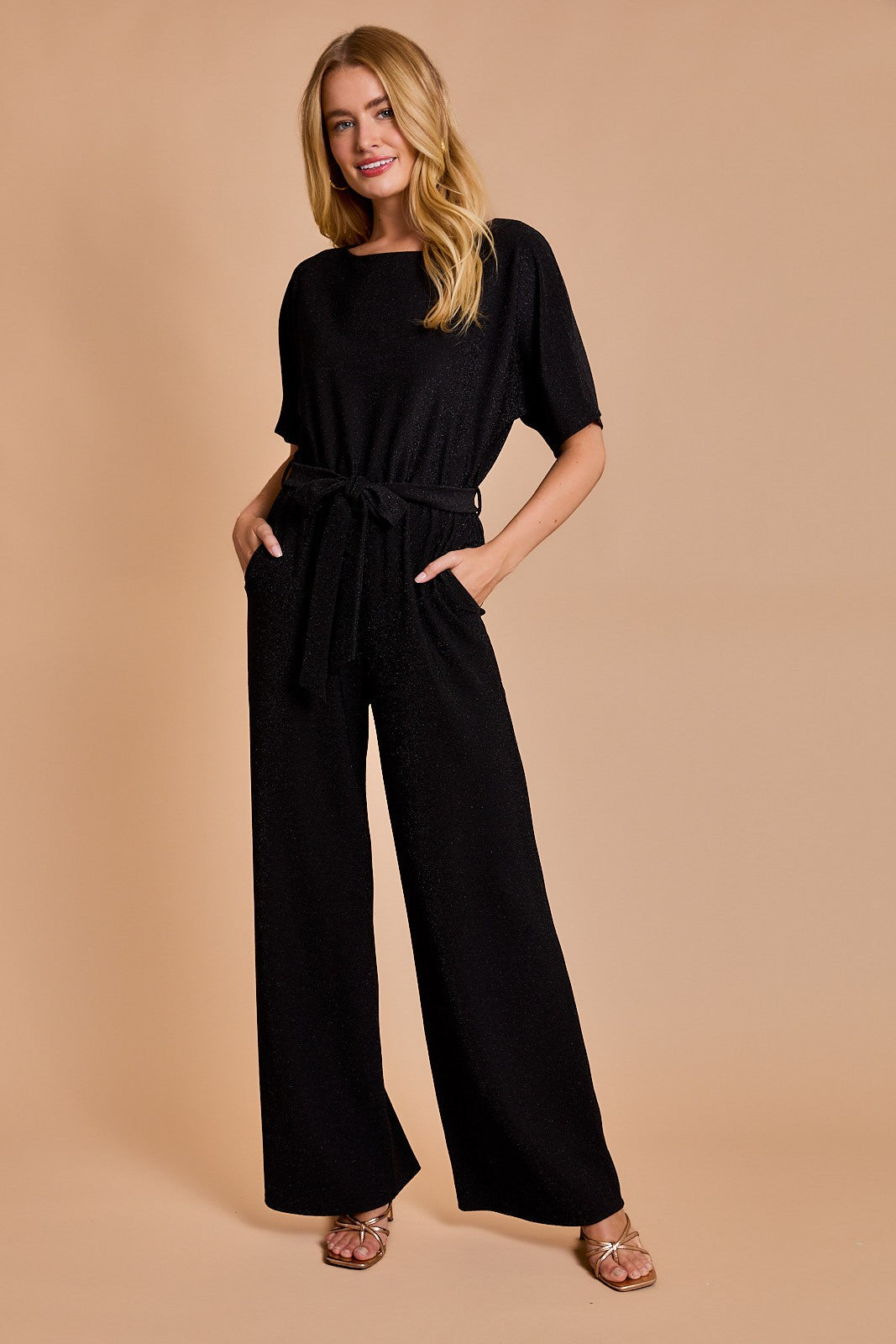 Black  Short Sleeve Jumpsuit With Waise Tie