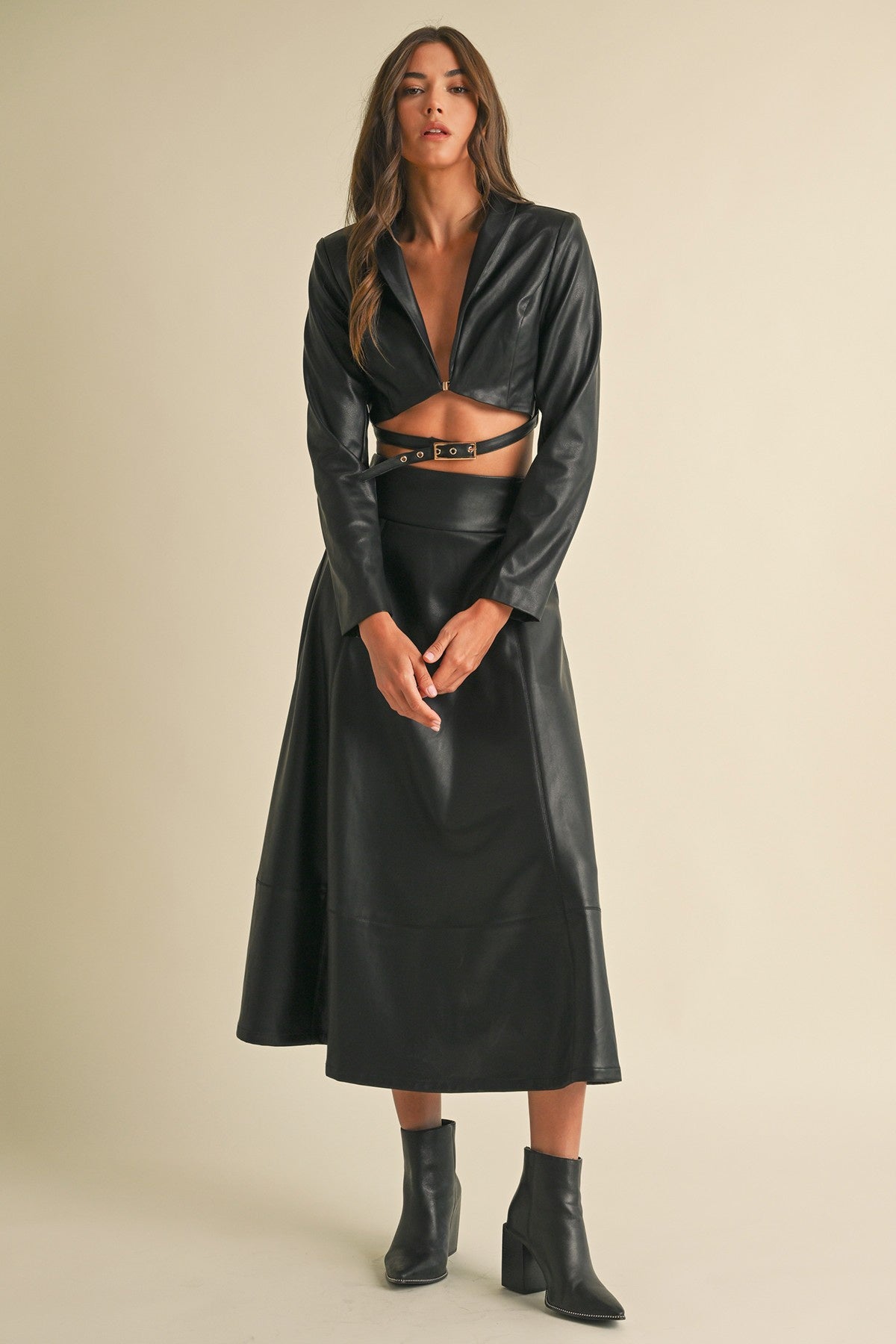 Faux Leather Midi Skirt - A-Line Statement Piece
