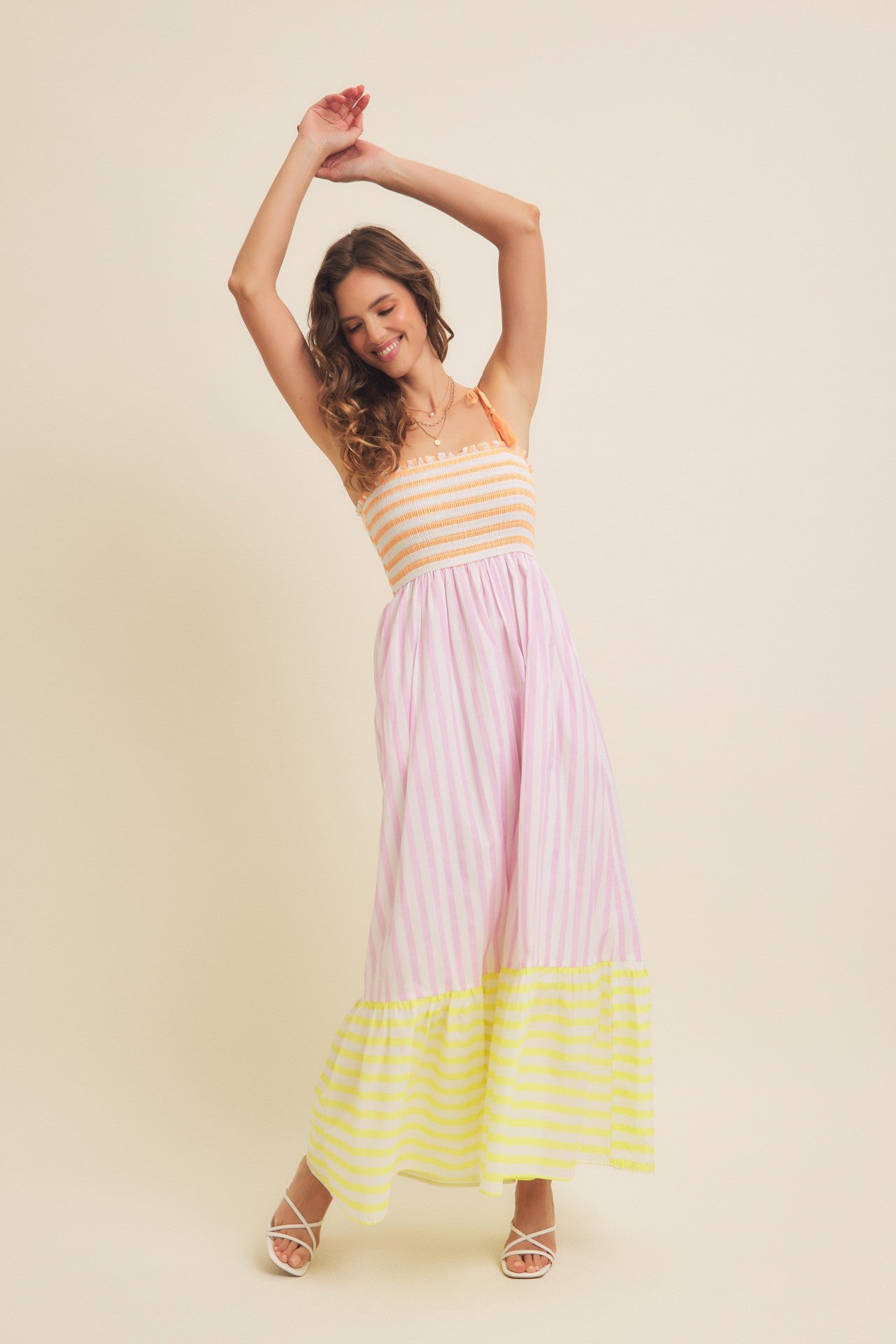 Sherbet Colored Stripe Mixed Smocked Maxi Dress