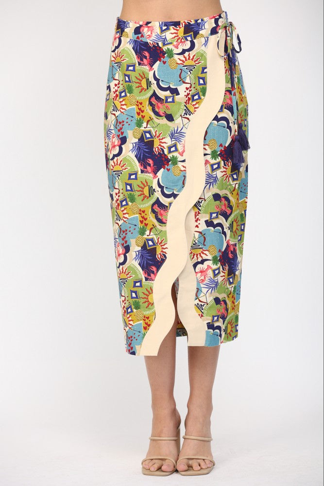 Wave Color Contrast Detailed Wrap Skirt