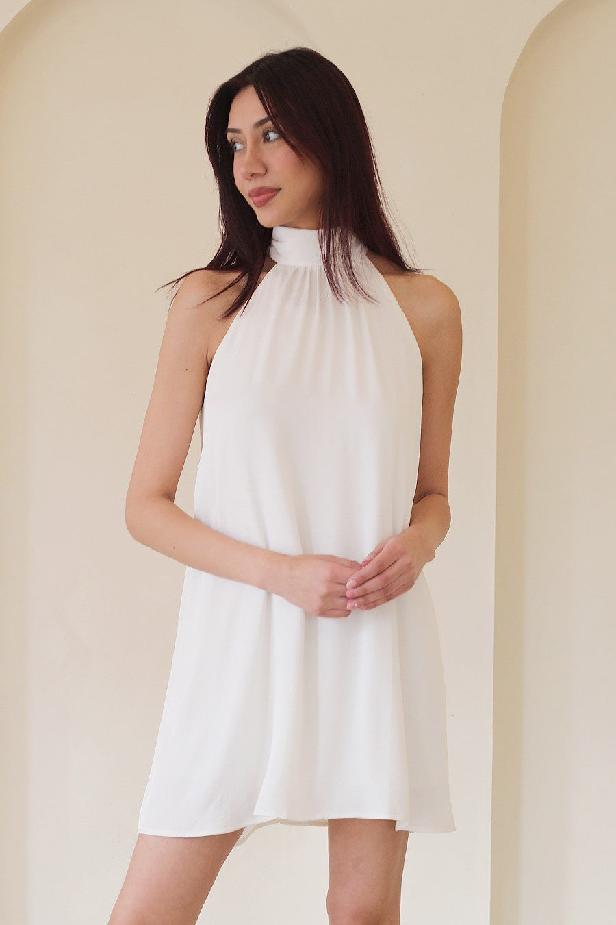 Washed Poly Silk Halter A Line Dress