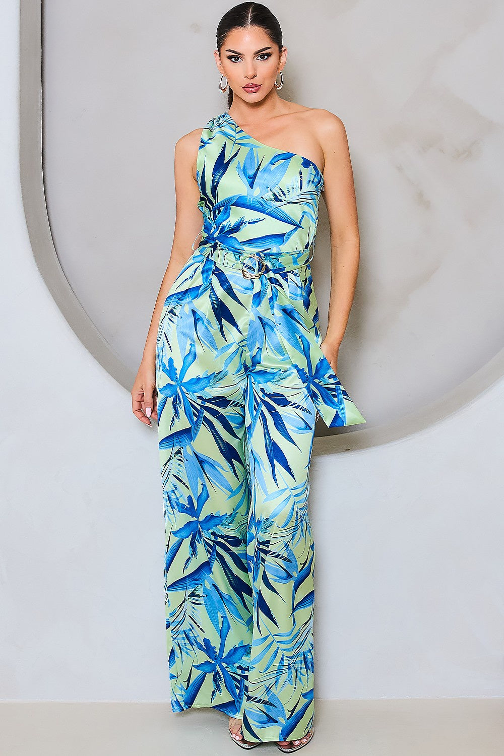 Satin Open Back One Shoulder Wide Leg Jumpsuit