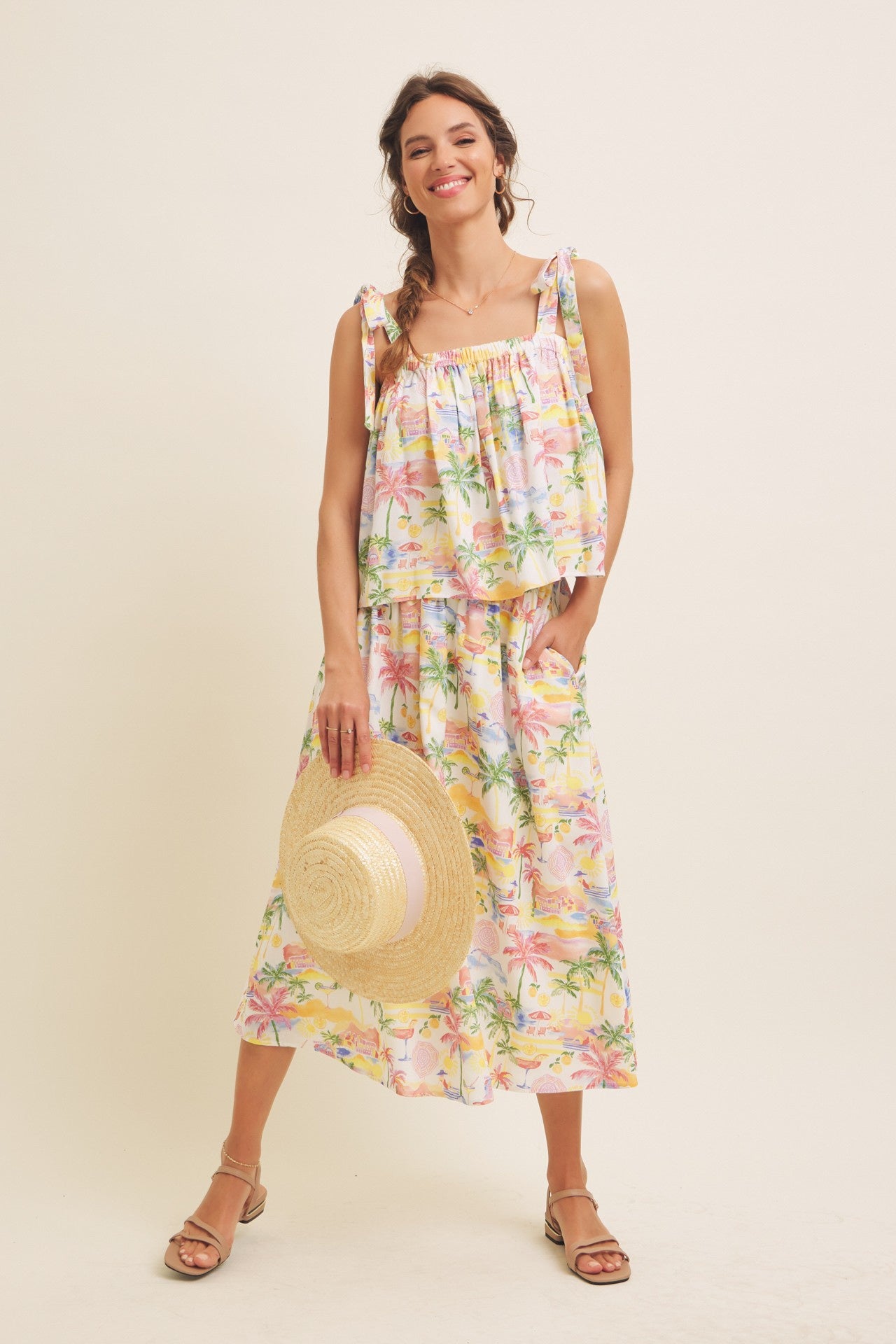 Tropical Print Bow Straps Top