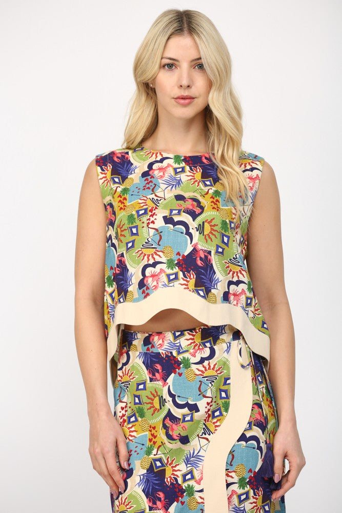 Ric Rac Trimmed Linen Blend Open Back Crop Top