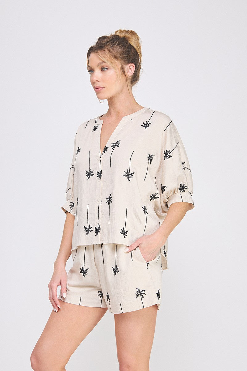 Draped Embroidered Palm Tree Dolman Blouse