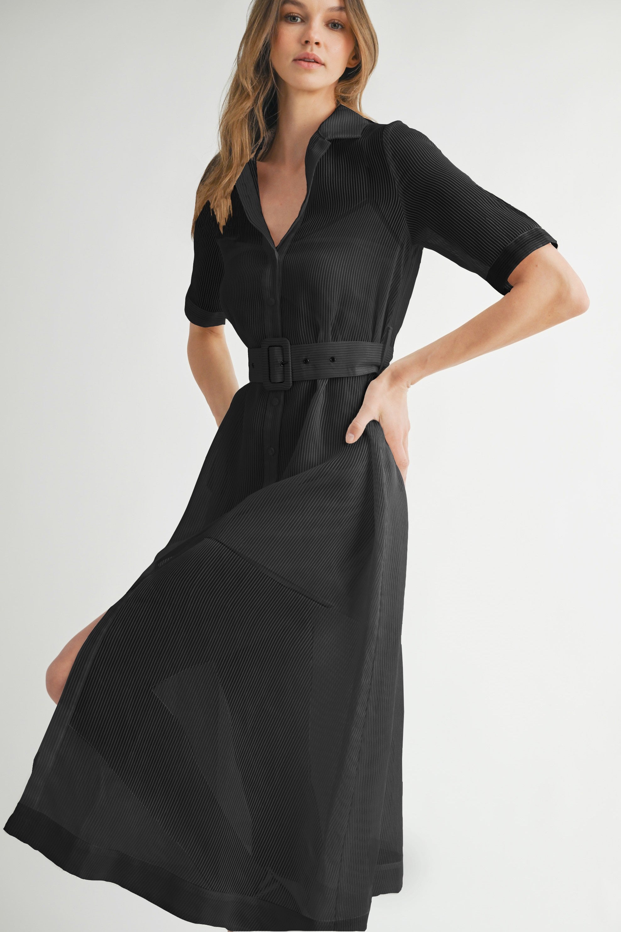 Collared Mesh Dress With Belt