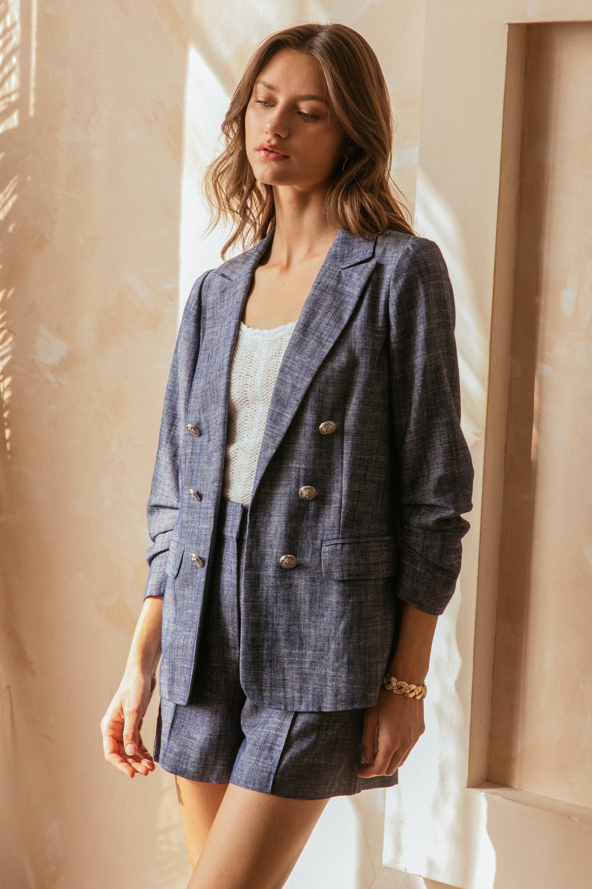 Button Detail 3q Sleeve Blazer
