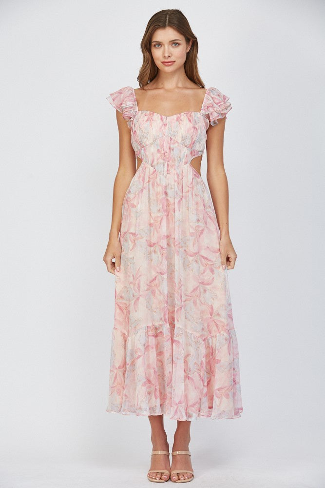 Floral Cut Out Detail Pleated Maxi Dress