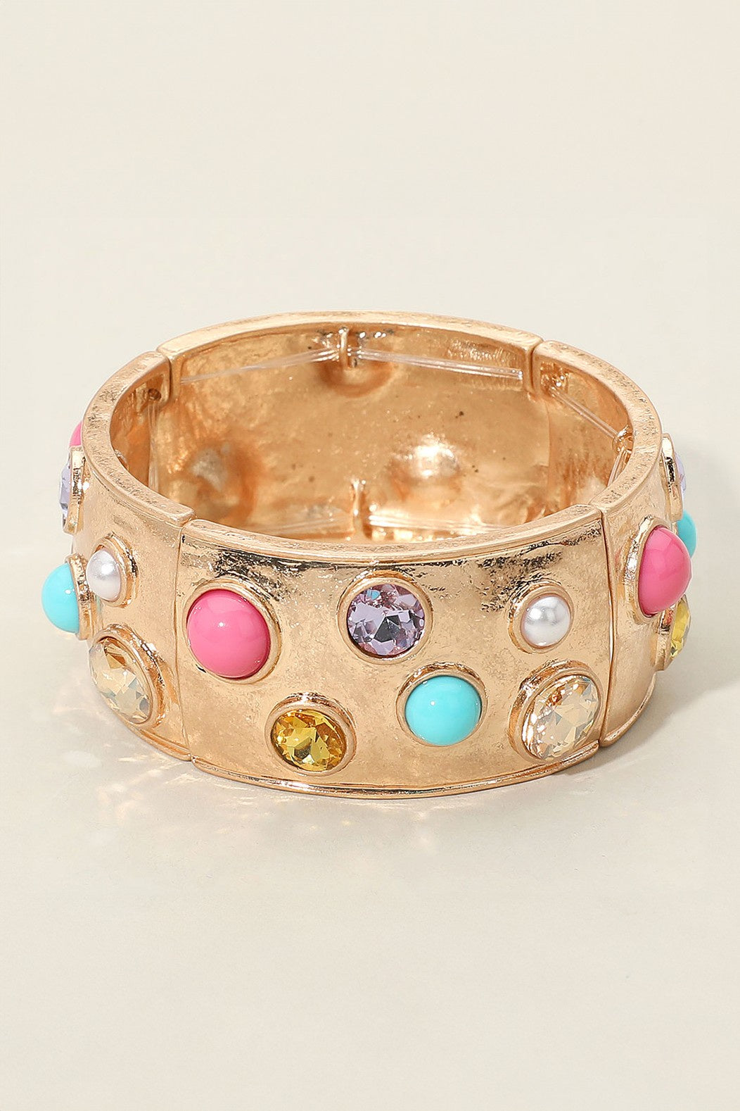Gemstone Studded Wide Bangle Stretch Bracelet