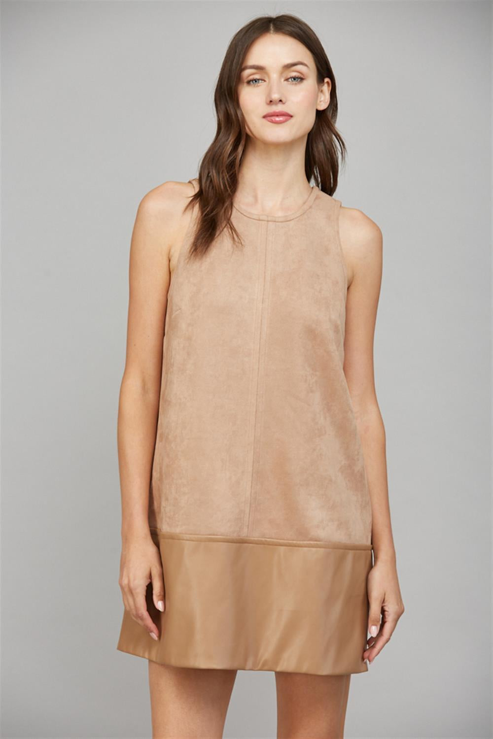 Camel Faux Leather Hem Suede Shift Dress – Sleeveless Contrast Mini Dress for Effortless Chic Style