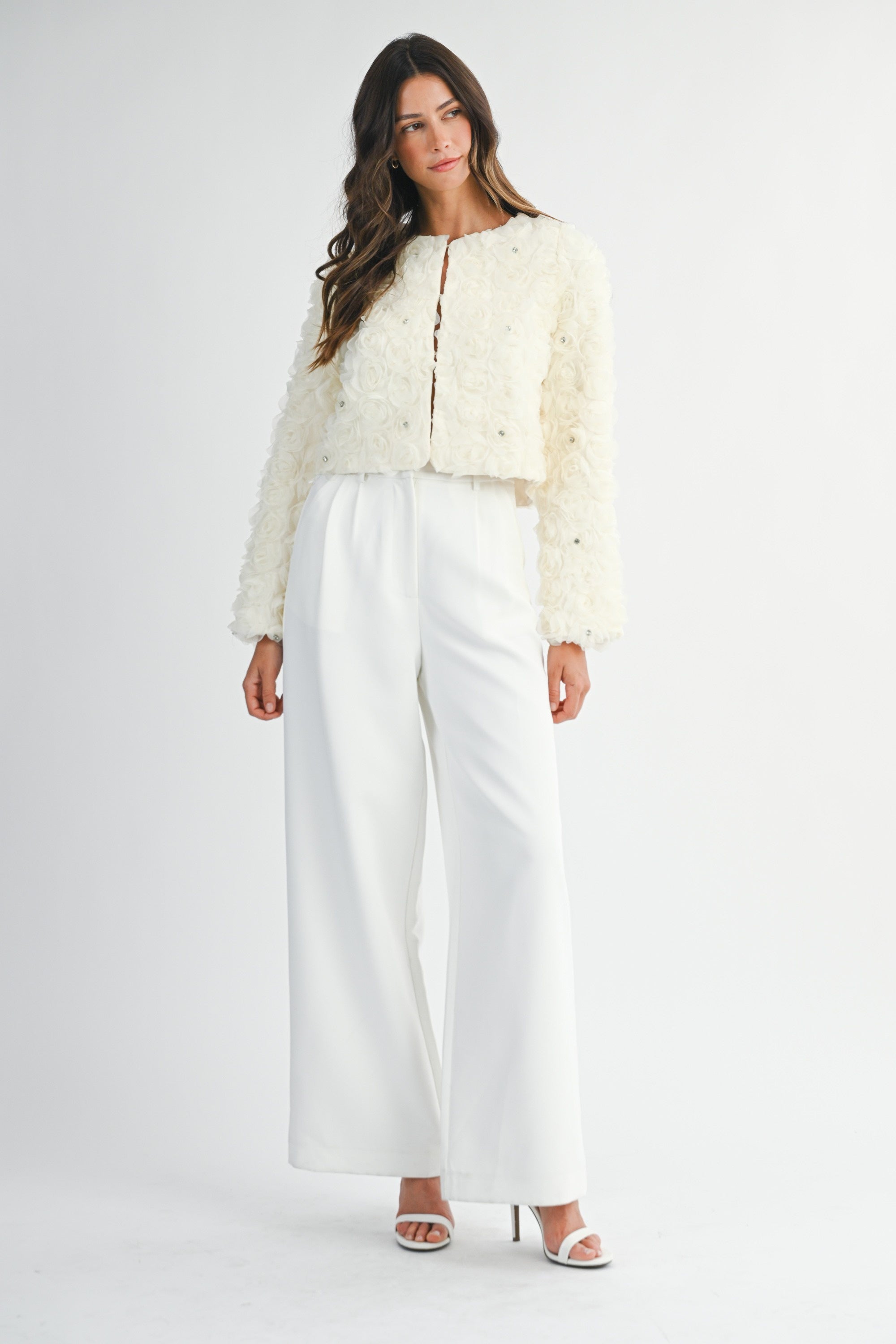 3d Floral With Rhinestone Open Crop Jacket